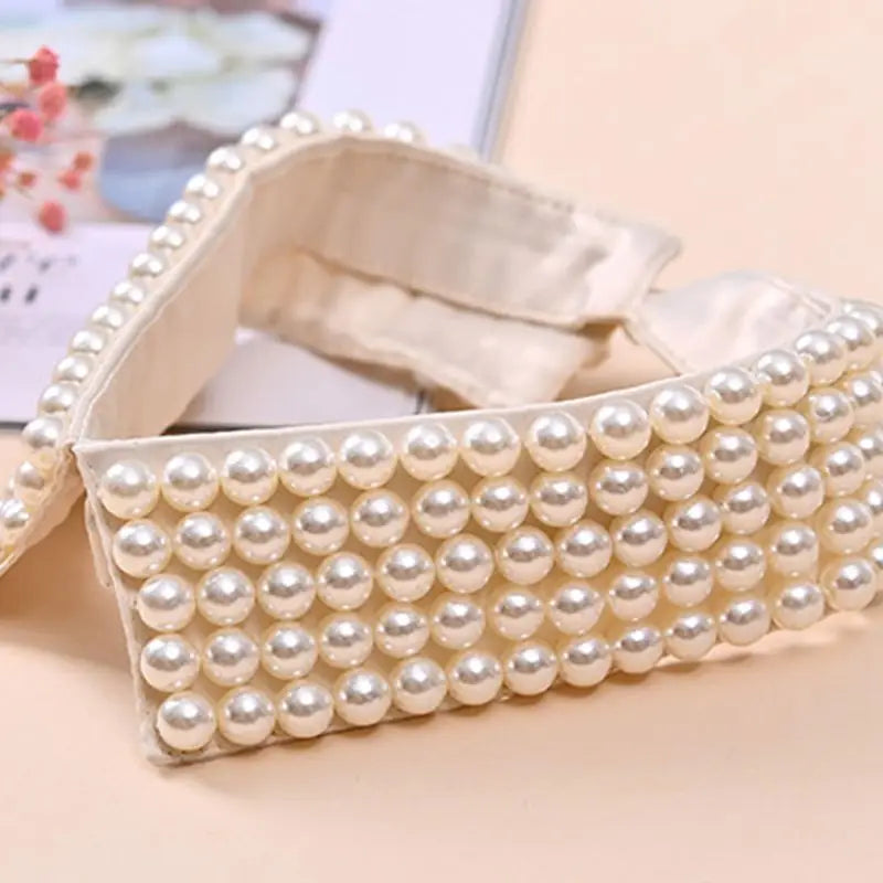 Women Handmade Beading Faux Pearls Layers Bib Lapel Fake Collar Necklace Choker