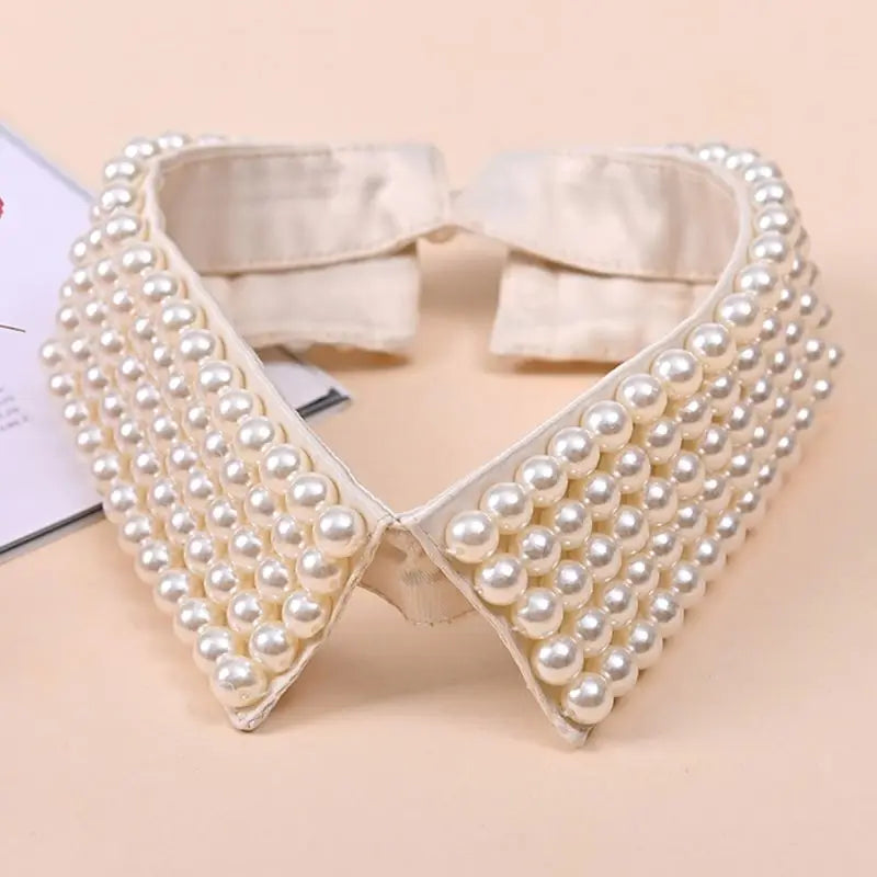 Women Handmade Beading Faux Pearls Layers Bib Lapel Fake Collar Necklace Choker