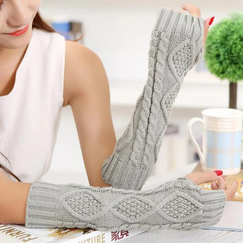 Long Section 30Cm Autumn Winter Ladies Wool Knitting Rhombic Fingerless Sleeve Women Half Finger Warm Exposed Fingers Gloves L89